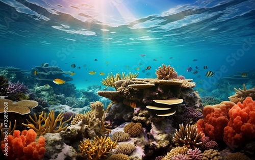 Realistic photo of a beautiful wide angle underwater sea view  this coral reef is in healthy condition. The diversity is extraordinary and the marine life. generative ai