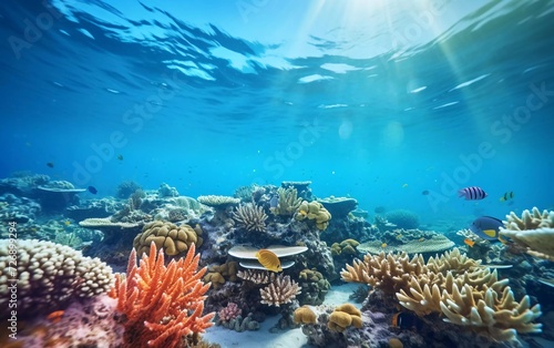 Realistic photo of a beautiful wide angle underwater sea view  this coral reef is in healthy condition. The diversity is extraordinary and the marine life. generative ai