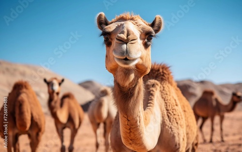 realistic photo of Camels in the Jordanian desert close up. Camel photo. generative ai