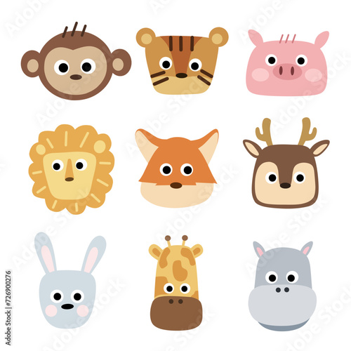 Cute safari animal faces vector illustration. The set includes a tiger, lion, pig, giraffe, rabbit, hippo, deer,fox and monkey.For childern education,stiker and template