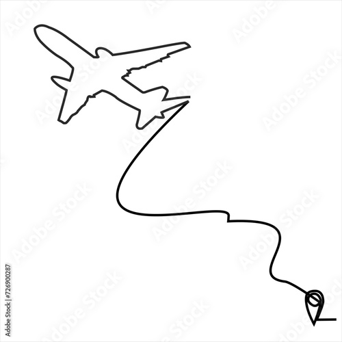 Continuous line drawing of Airplane line path vector icon of air plane flight route with start point and dash line trace - Vector illustration.
