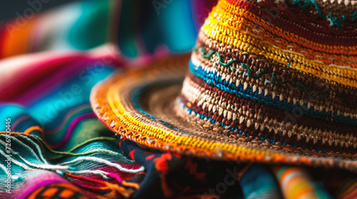 Mexican hat and colorful poncho, closeup of photo