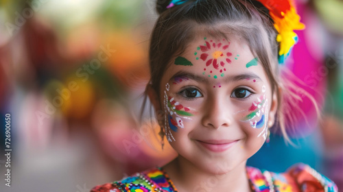Portrait of cute little girl with face painting and flowers in her hair