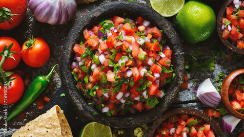 Traditional mexican salsa with ingredients on rustic wooden background. photo