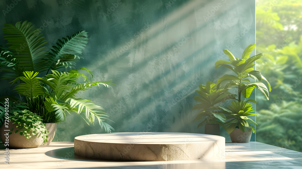 A white circular platform with a green wall in the background and potted plants on each side. A white circular platform with a green wall in the background and potted plants on each side.