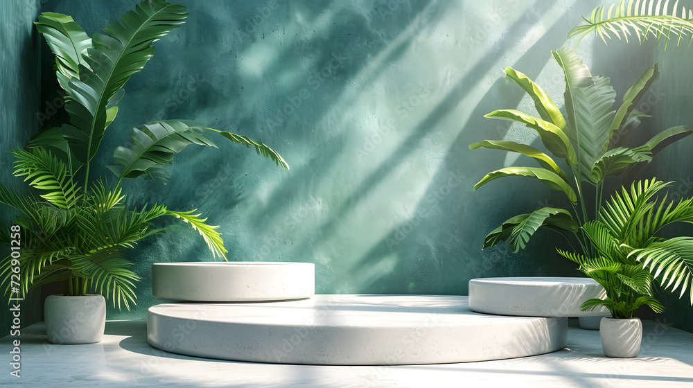 A white circular platform with a green wall in the background and potted plants on each side. A white circular platform with a green wall in the background and potted plants on each side.
