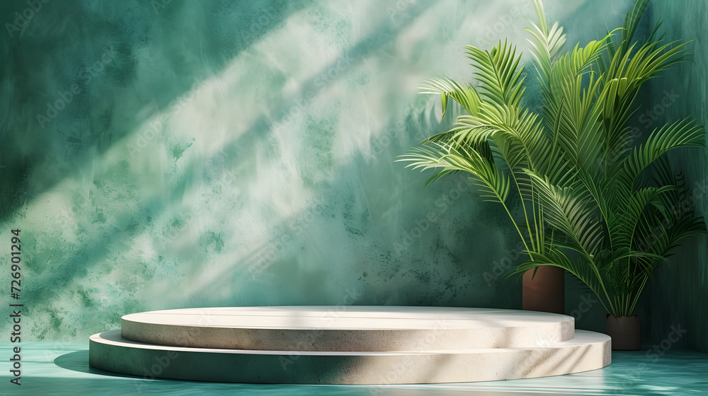 A white circular platform with a green wall in the background and potted plants on each side. A white circular platform with a green wall in the background and potted plants on each side.