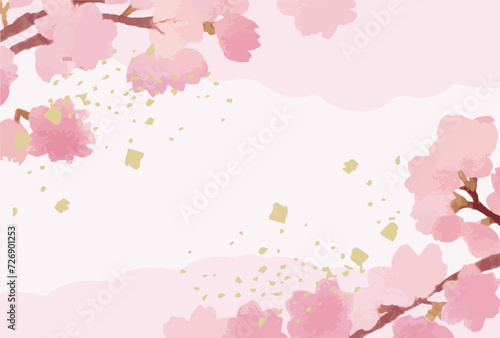 春　フレーム　桜　さくら　サクラ　お花見　花　水彩　背景　コピースペース　イラスト素材　AI生成画像