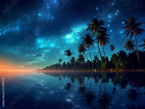 Tropical beach night sky with dark space on water and starry sky over palm trees © Generative Ai