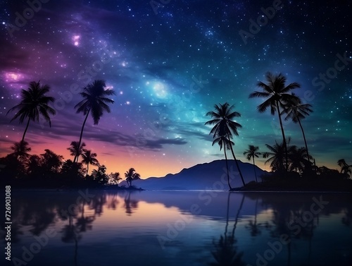 Tropical beach night sky with dark space on water and starry sky over palm trees © Generative Ai