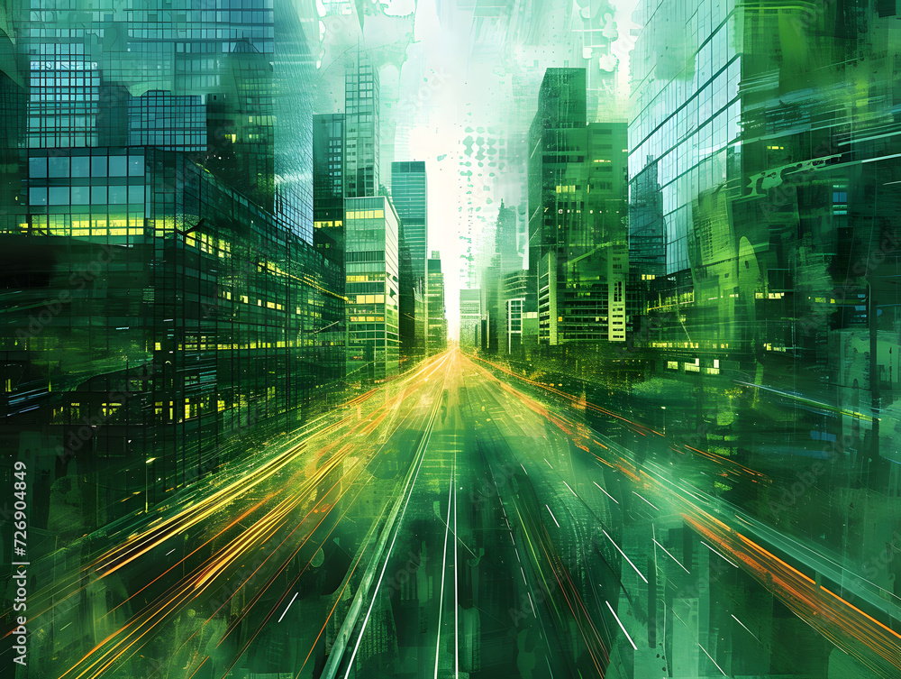 Fototapeta premium A cyber cityscape at night with bright green data lights and a highway.