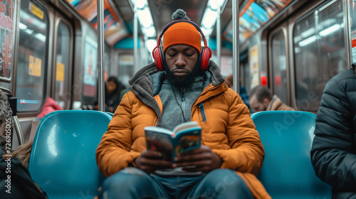 Black man reading a book while riding a subway train to work or school. © Jammy Jean