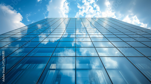 Reflective skyscraper  business office building with clouds reflected. Low angle photography.