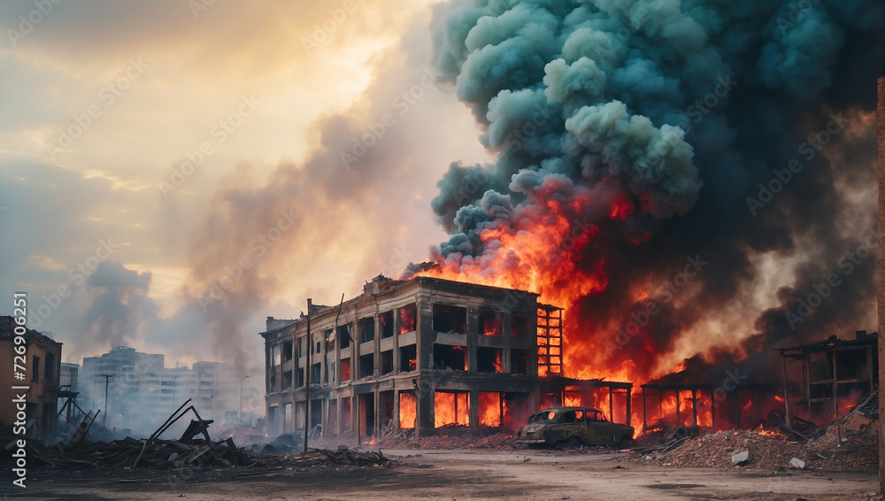 Smoke rise from burning bombed destroyed Smoke rise from burning bombed destroyed