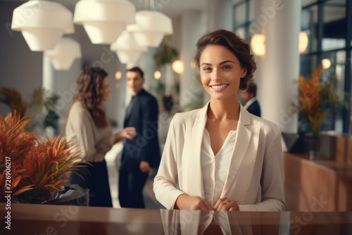 Hotel receptionist with a welcoming smile photo