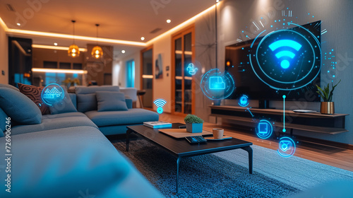 Smart home concept with various devices connecting to the internet. IOT devices and related technology.