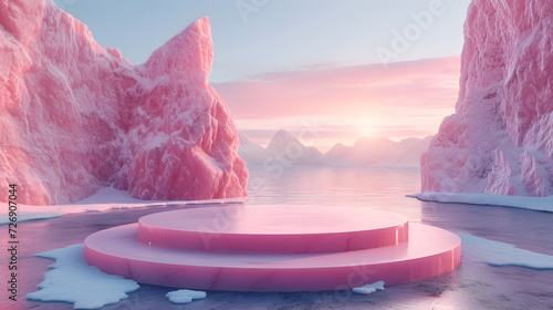a pink, rocky landscape with a still lake in the foreground. Pink podium, positioned at the bottom of the scene, and a pink mountain range in the background photo