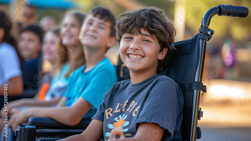Young kids with disabilities on wheel chairs outdoors gathering outdoors for school assembly.