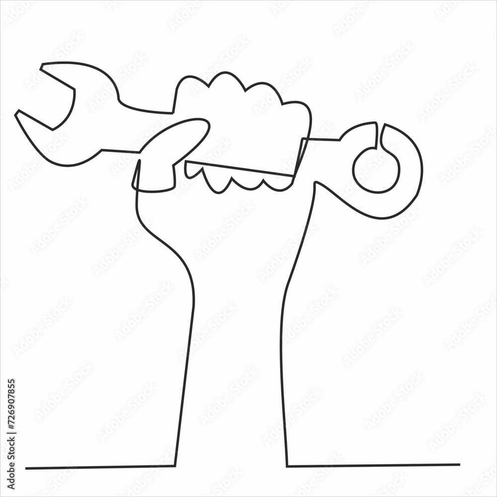 Drawing continuous line of the master's hand holds a wrench and other keys for car repair. auto service concept Drawing continuous line of the master's hand holds a wrench and other keys for car repair. auto service concept