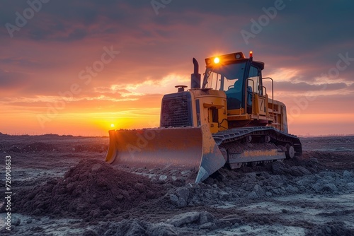 A bulldozer operating on a dirt landscape. Generative Ai.