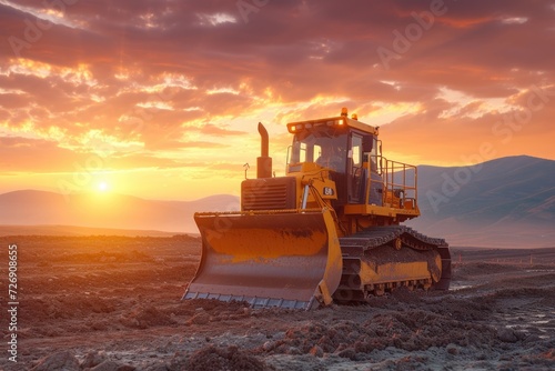 A bulldozer operating on a dirt landscape. Generative Ai.