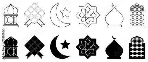 Set of Islamic icons. vector simple line art style and silhouette, isolated on white background. design of ornaments for the Islamic holidays of Ramadan, Eid al-Fitr, Eid al-Adha. photo