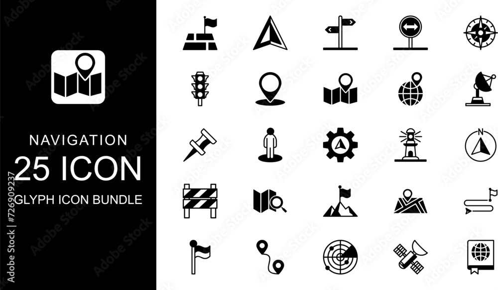 Navigation icon Glyph style vector, glyps icon sheet, icon bundle.