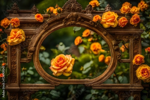 Yellow-orange double Climber rose Alchymist flowers on an arch in a garden photo