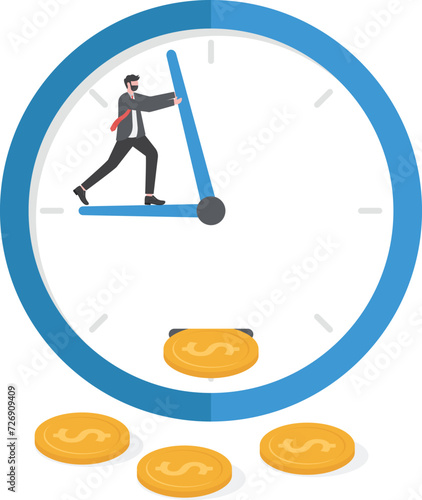 Time and money savings. Money Increase Investment. return on investment and investment period. A businessman takes a coin from his watch.

