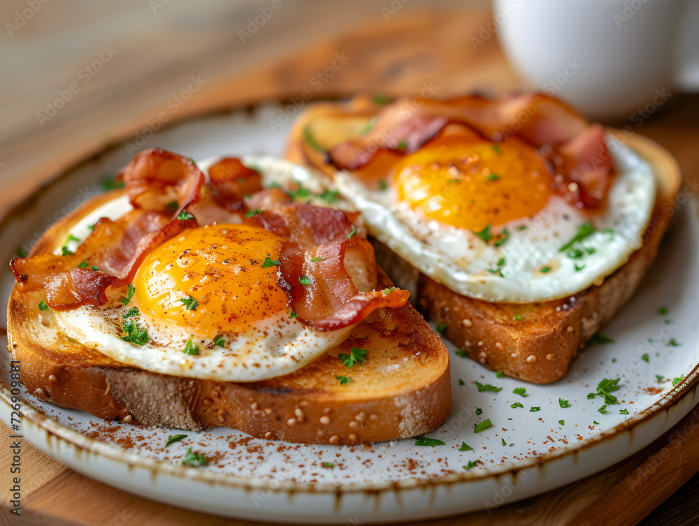 A plate of bacon and eggs on toast, served with a cup of coffee.