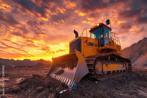 A bulldozer operating on a dirt landscape. Generative Ai.