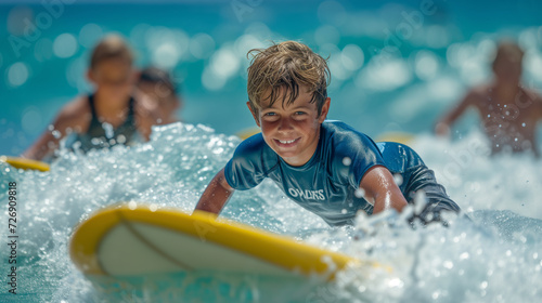 Young boy taking surfing lessons, excited to learn.