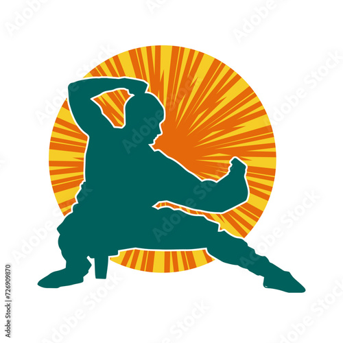 Silhouette of a man in oriental martial art pose. Silhouette of a male in martial art move.