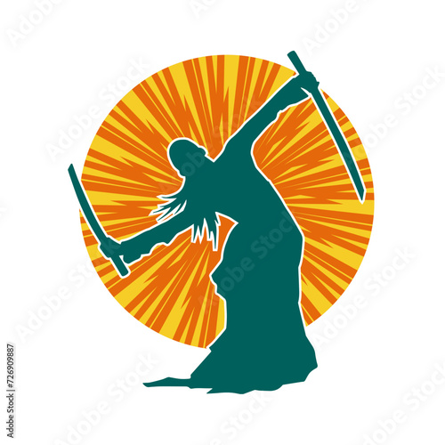 Silhouette of a female fighter in action pose carrying sword weapon.
