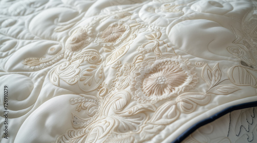 Elegant white quilted fabric with floral design.
