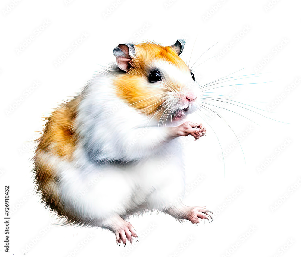 Jumping hamster on white background isolated. Cute little pet, ginger and white. Jumping hamster on white background isolated. Cute little pet, ginger and white.