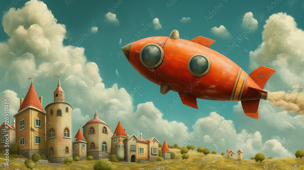 custom made wallpaper toronto digitalWhimsical landscape with a castle and flying rocket.