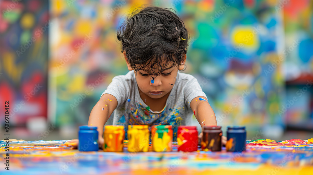Toddler boy playing with containers of colorful water paint on a table. Coloring using hands in art class.