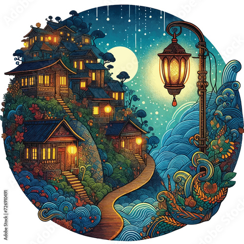 Village at evening in round shape
