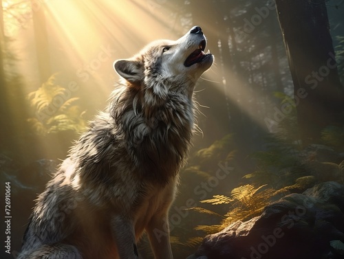 Wolf is howling in the forest in sunlight