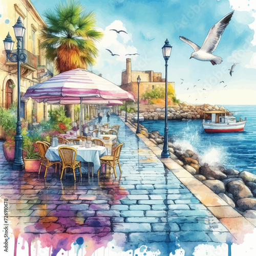 Street cafe at coastline in watercolor