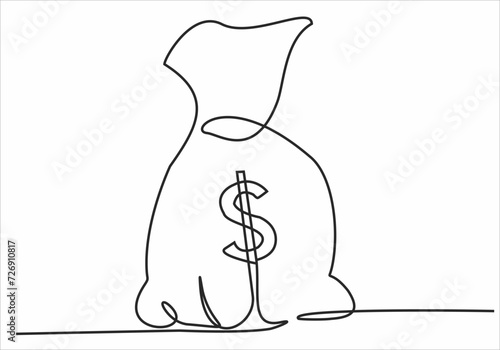 Continuous one drawn single line money bag. Concept of money storage, money, icon, bank, dollar, business, symbol, finance, vector, cash, sign, bag, currency, background, investment, banking.