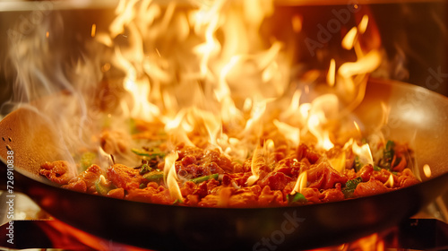 Stir-fry in flaming pan with vibrant spices.
