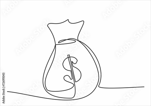 Continuous one drawn single line money bag. Concept of money storage, money, icon, bank, dollar, business, symbol, finance, vector, cash, sign, bag, currency, background, investment, banking.
