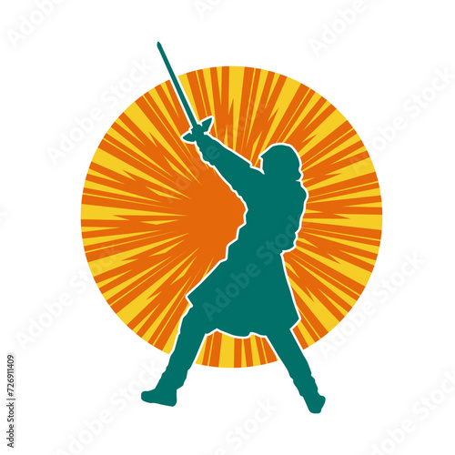 Silhouette of a female fighter in action pose carrying sword weapon.
