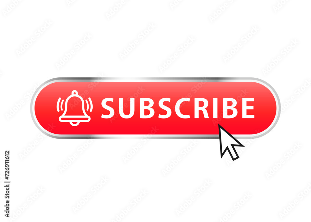 Social subscription button with bell icon and arrow. Red button subscribe of channel with hand cursor. Subscribe button in flat style. Label subscribe for video channel for website. vector Social subscription button with bell icon and arrow. Red button subscribe of channel with hand cursor. Subscribe button in flat style. Label subscribe for video channel for website. vector
