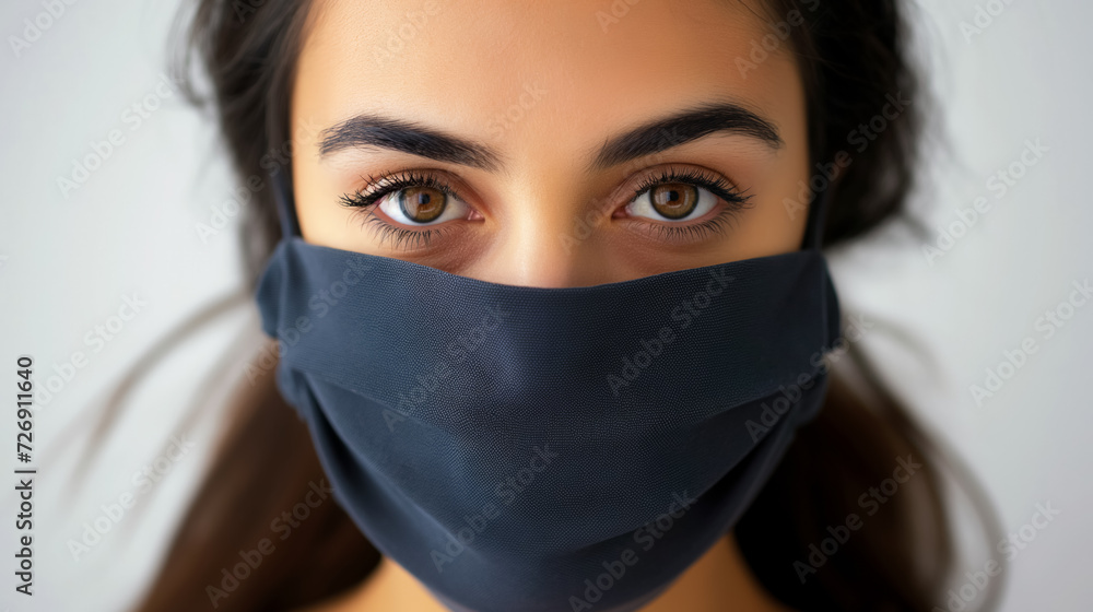 Woman with striking eyes wearing a dark mask. Woman with striking eyes wearing a dark mask.