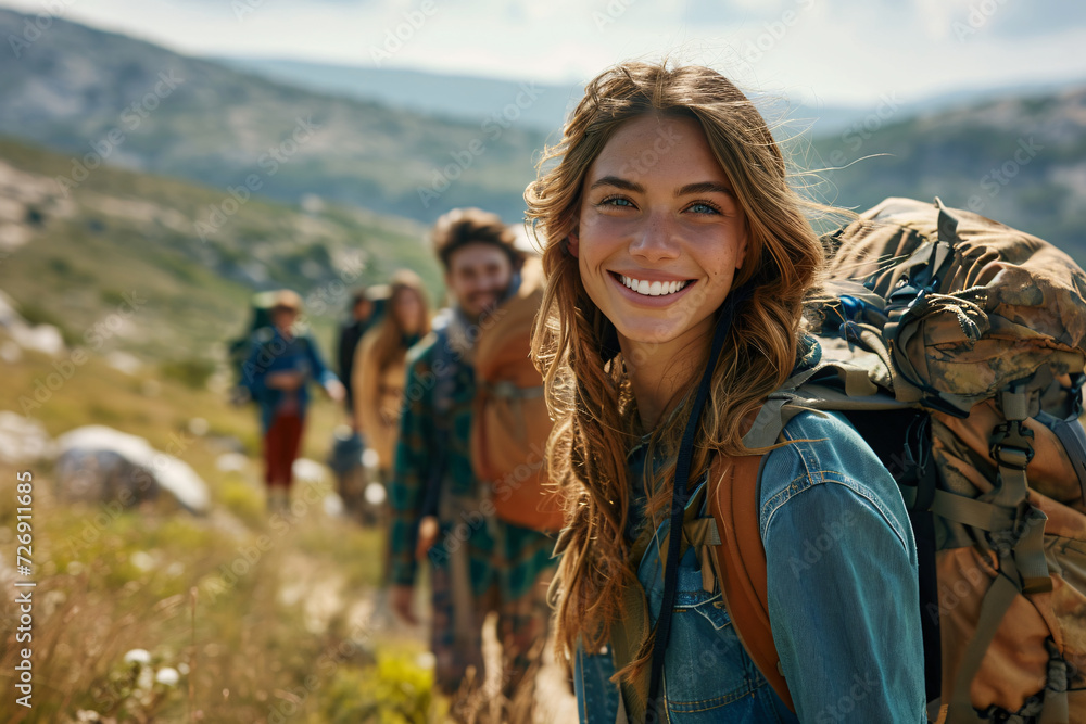 Smiling woman with backpack hiking in mountains, accompanied by friends, evoking adventure and togetherness.