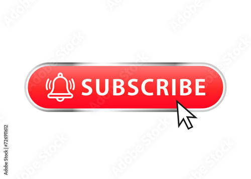 Social subscription button with bell icon and arrow. Red button subscribe of channel with hand cursor. Subscribe button in flat style. Label subscribe for video channel for website. vector