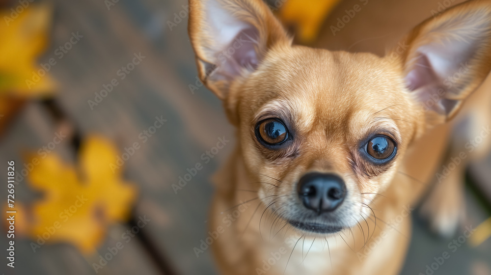 Chihuahua with big eyes looking up attentively.